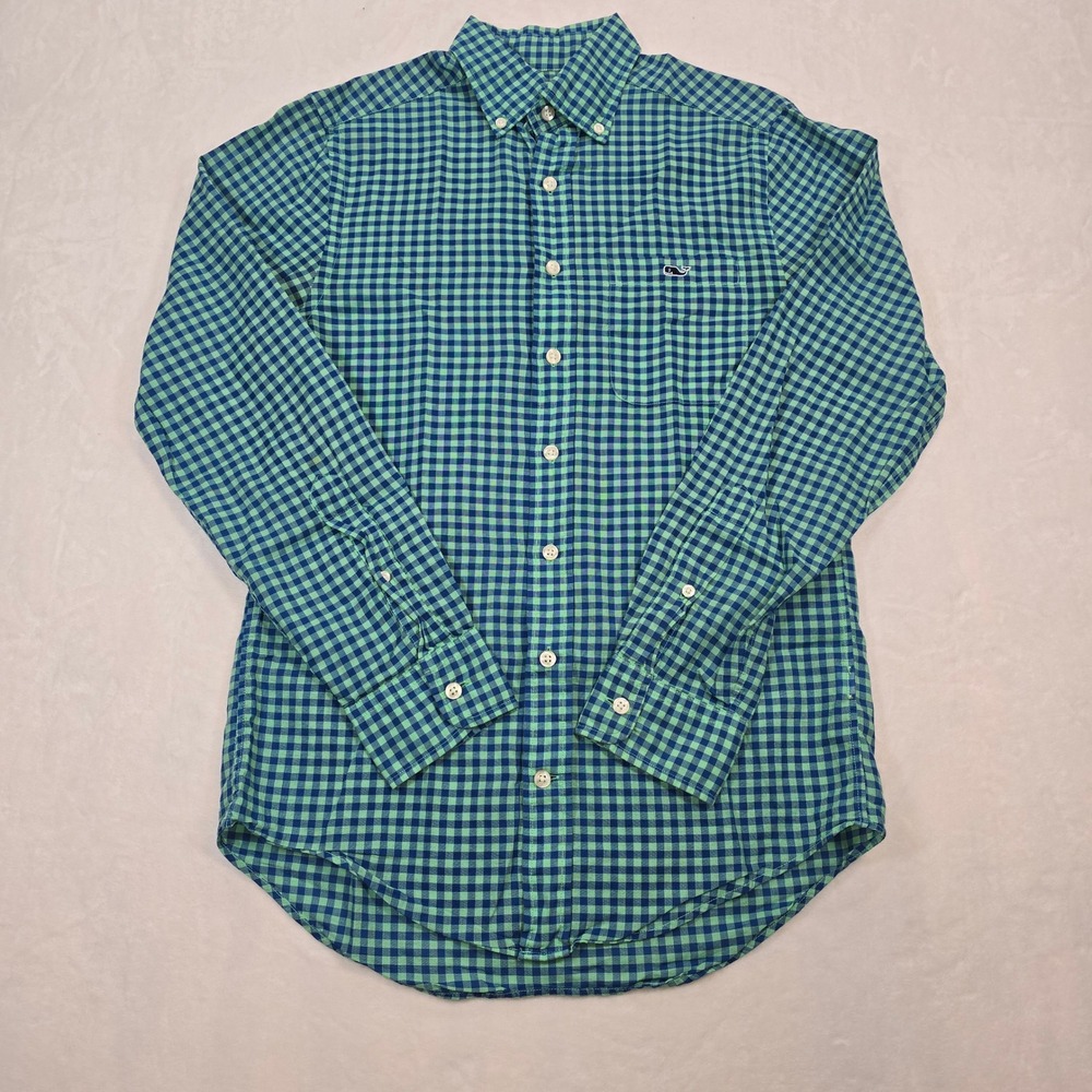 Vineyard Vines Mens XS Slim Fit Tucker Shirt Green Blue Gingham Check Cotton L/S